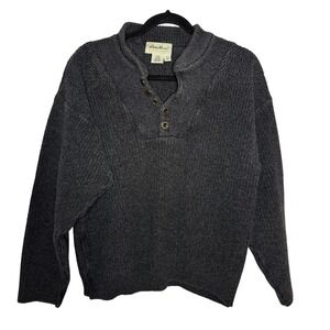 Eddie Bauer Mens Vintage Charcoal Grey Chunky Knit Cotton Henley Sweater Medium